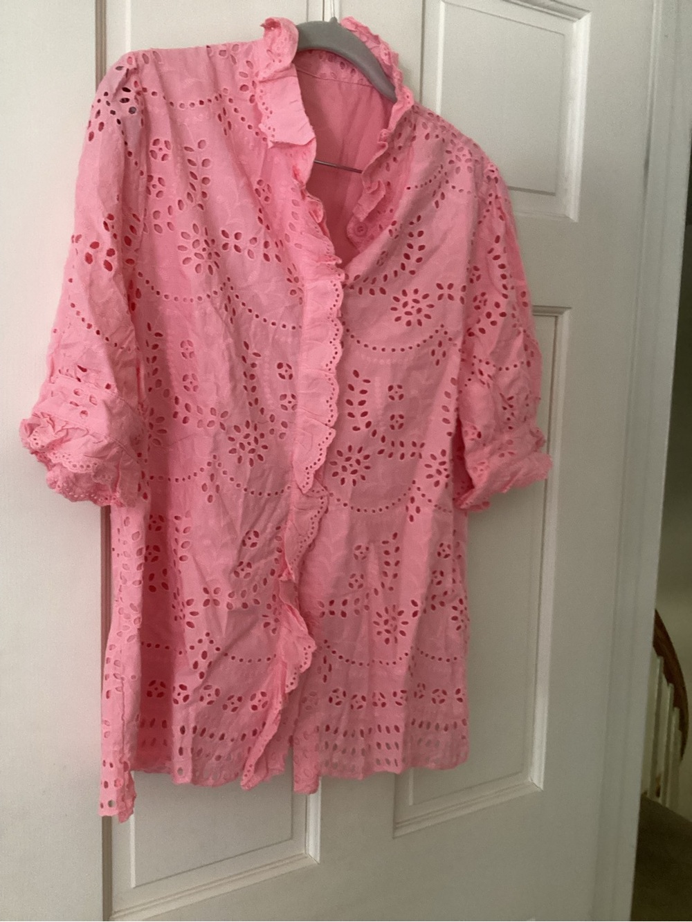 Source Unknown Pink Eyelet Ruffle Button-Front Tunic